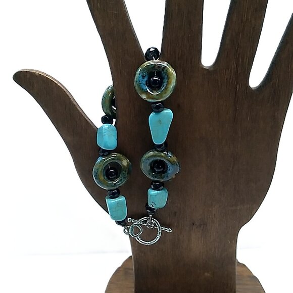 Turquoise Stone Bohemian Bracelet Ceramic Donut Resin Beaded Bracelet - Picture 2 of 16
